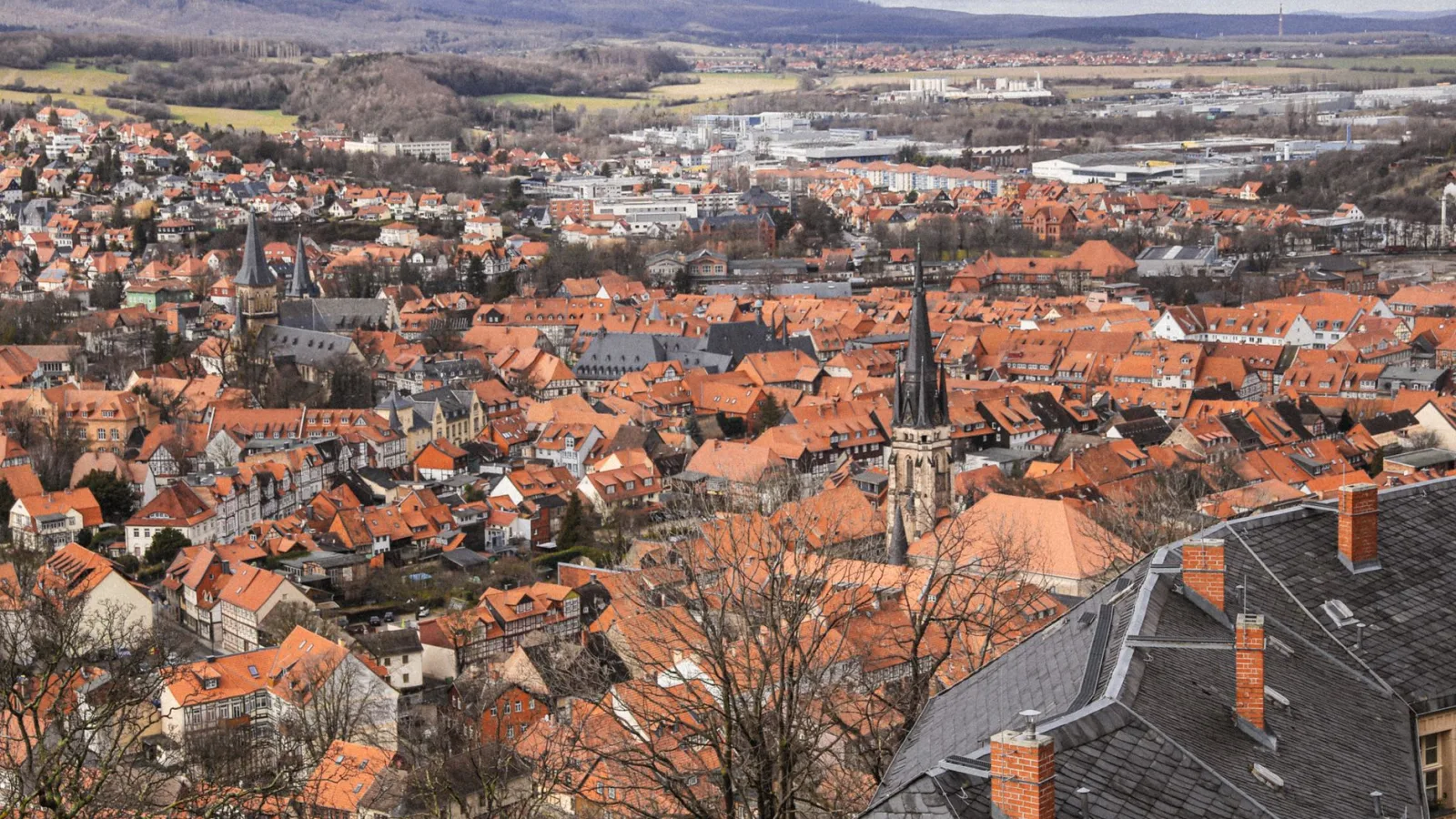 Discover the charming townscape of Wernigerode, Germany, with its iconic landmarks and rooftops.